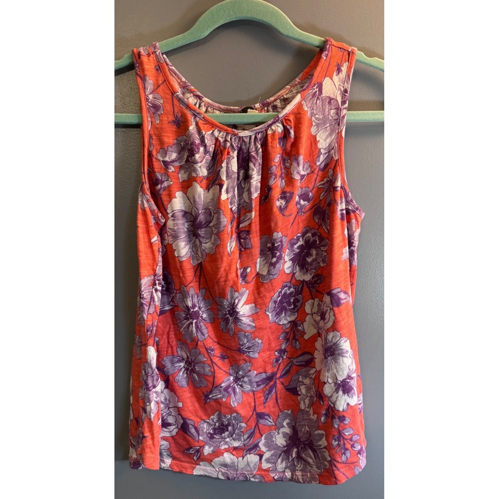 Cupio Womens Floral Sleeveless Tank Top Coral Orange Purple Slub Knit Size M